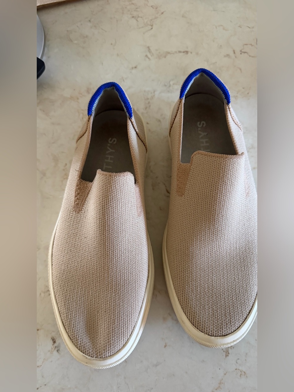 Rothy's Beige Knit Slip-On Sneakers with Blue Heel Trim